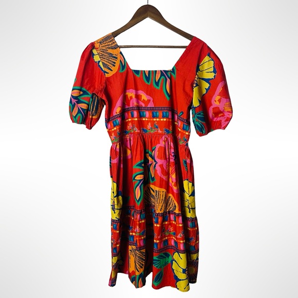 Maude Vivante Aria Dress Medium Red Floral Puff Sleeves Colorful Vacation Resort - Picture 2 of 13